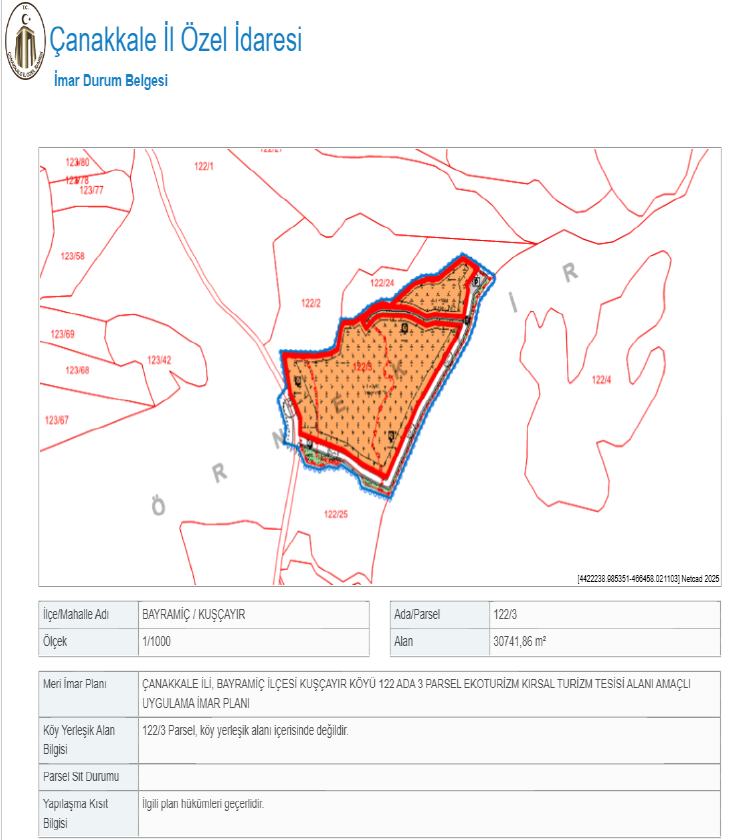 ÇANAKKALE BAYRAMİÇİ KUŞÇAYIR 30,741 M² SATILIK EKO TURİZM İMARLI ARSA 