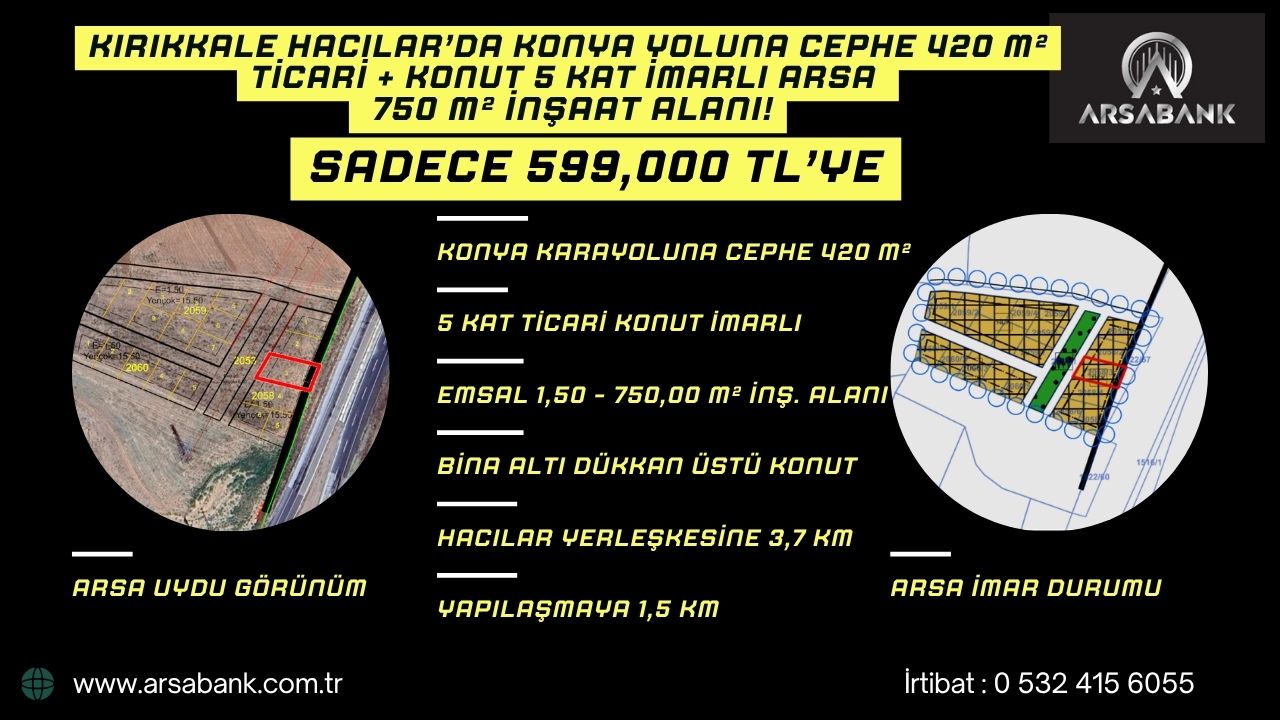 Kırıkkale Hacılar’da Konya Yoluna Cephe 420 m² Ticari + Konut 5 Kat İmarlı Arsa   750 m² İnşaat Alanı!