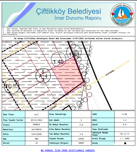 YALOVA ÇİFTLİKKÖY SULTANİYE 742 M² 4 KATLI KONUT İMARLI SATILIK ARSA 